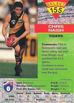 1994 Select AFL #155 Chris Naish Back